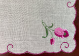 Vintage Green Handkerchief with Embroidered Pink and Purple Tulips