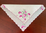 Vintage Green Handkerchief with Embroidered Pink and Purple Tulips