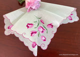 Vintage Green Handkerchief with Embroidered Pink and Purple Tulips