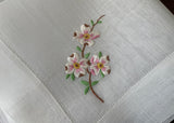 Vintage Linen Embroidered Dogwood Flowers Handkerchief