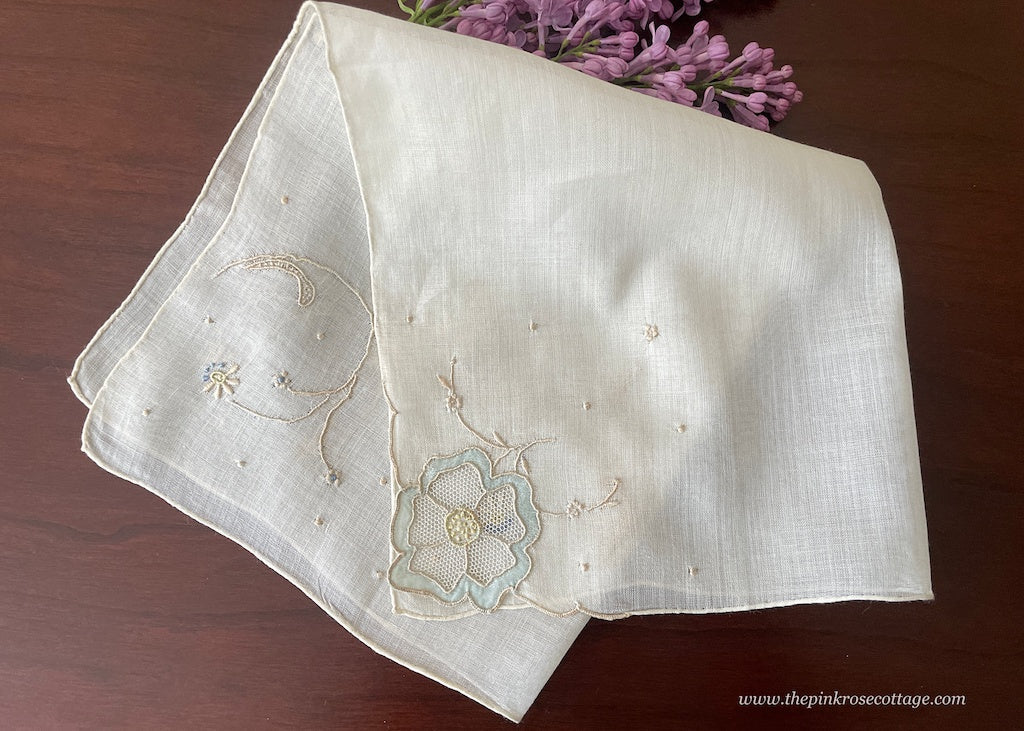 Unused Madeira Embroidered Cutwork Linen Handkerchief Florette