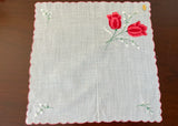 Vintage Embroidered Pink Tulips and White Pussy Willows Handkerchief