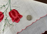 Vintage Embroidered Pink Tulips and White Pussy Willows Handkerchief