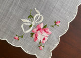 Vintage Sheer Wedding Bridal Handkerchief with Embroidered Pink Roses
