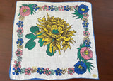 Tagged Linen Kimball Vintage Yellow Chrysanthemum Pink and Blue Floral Handkerchief