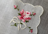 Vintage Sheer Wedding Bridal Handkerchief with Embroidered Pink Roses
