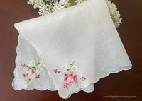 Vintage Sheer Wedding Bridal Handkerchief with Embroidered Pink Roses