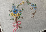 Vintage Linen Handkerchief Embroidered Petite Bouquet Lace Trim