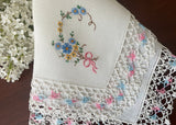 Vintage Linen Handkerchief Embroidered Petite Bouquet Lace Trim