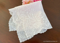Vintage Pink Sheer Handkerchief with White Rose Bouquets and Daisies