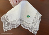 Vintage White Irish Linen Net Lacing Handkerchief with Embroidery