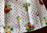 Vintage White Red Polka Dot Apron with Cherries and Fruit Baskets