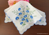 Vintage Embroidered Blue Sweet Peas Handkerchief