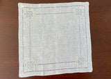 Vintage Embroidered Pink Yellow Blue Rosebud Linen Handkerchief