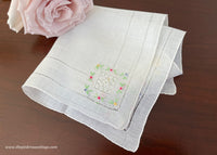 Vintage Embroidered Pink Yellow Blue Rosebud Linen Handkerchief