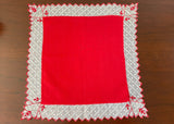 Vintage Solid Red Handkerchief with Sheer Polka Dot and Stripe Edging