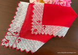 Vintage Solid Red Handkerchief with Sheer Polka Dot and Stripe Edging