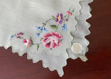 MWT Vintage Pink Rose Petite Point Embroidery Sheer Green Handkerchief
