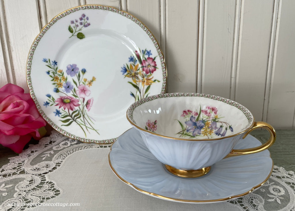 Vintage Shelley Trio Blue Wildflowers Tea Cup Saucer and Dessert Plate |  The Pink Rose Cottage