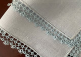 Vintage Light Blue Irish Linen Handkerchief with Lace Edge Tatting