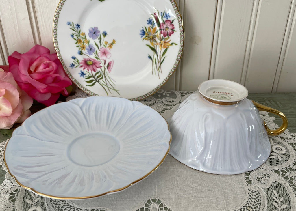 Vintage Shelley Trio Blue Wildflowers Tea Cup Saucer and Dessert Plate ...