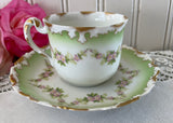 Antique Demistasse Soft Green Teacup and Saucer with Pink Forget Me Nots