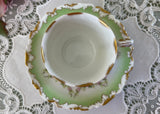 Antique Demistasse Soft Green Teacup and Saucer with Pink Forget Me Nots