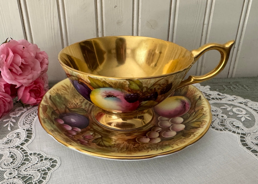 Vintage Aynsley Orchard Gold Teacup and Saucer Signed D. Jones