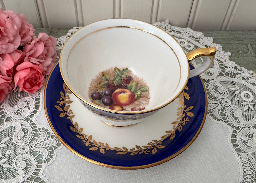 Vintage Aynsley Cobalt Blue Fruit Teacup & Saucer