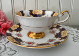 Vintage Deep Blue Pink Rose Rosina Teacup and Saucer