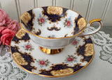 Vintage Deep Blue Pink Rose Rosina Teacup and Saucer
