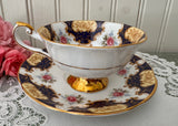 Vintage Deep Blue Pink Rose Rosina Teacup and Saucer
