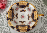 Vintage Deep Blue Pink Rose Rosina Teacup and Saucer