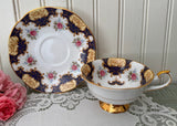Vintage Deep Blue Pink Rose Rosina Teacup and Saucer