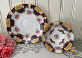 Vintage Deep Blue Pink Rose Rosina Teacup and Saucer