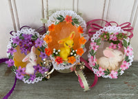 3 Handmade Real Easter Egg Diorama Ornaments Flocked Bunnies
