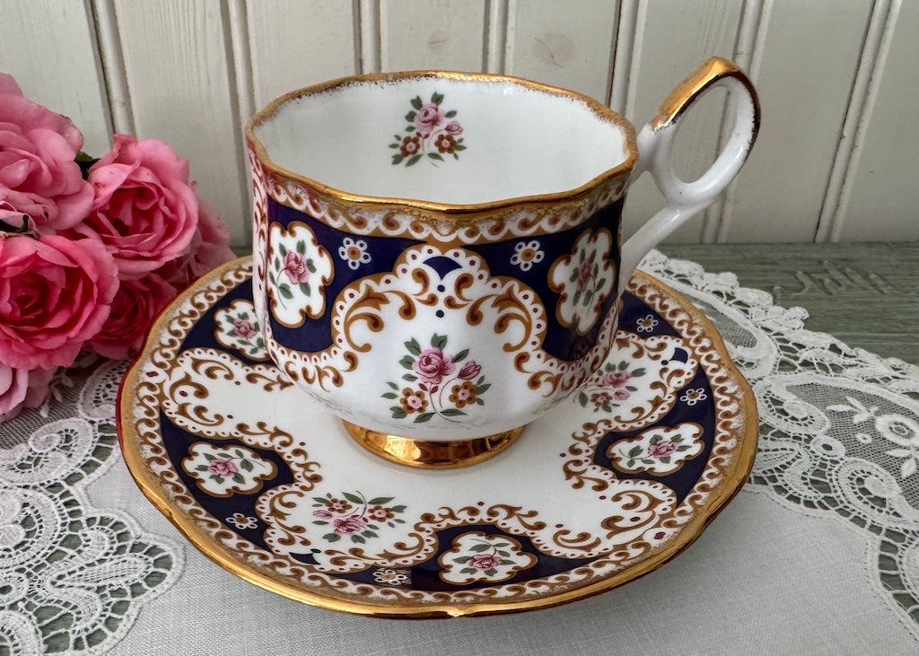 Vintage Bone China Teacup & Saucer Navy & Pink Roses