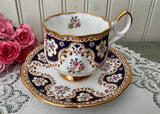 Vintage Bone China Teacup & Saucer Navy & Pink Roses