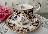 Vintage Bone China Teacup & Saucer Navy & Pink Roses