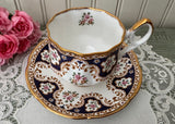 Vintage Bone China Teacup & Saucer Navy & Pink Roses