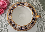 Vintage Bone China Teacup & Saucer Navy & Pink Roses