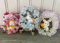 3 Hand Made Real Easter Egg Diorama Ornaments with White Bunnies