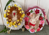 2 Handmade Real Easter Egg Diorama Ornaments Chenille Bunnies