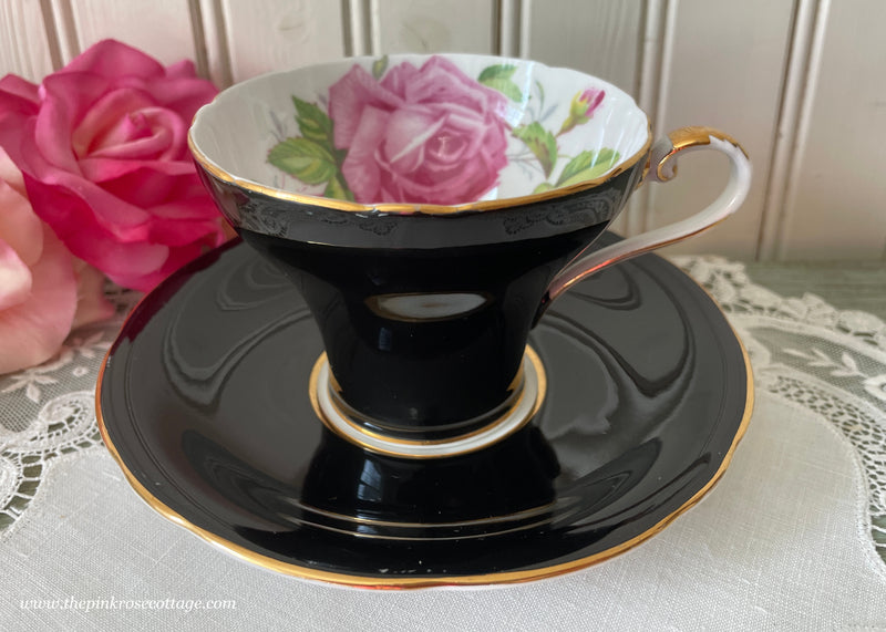 Vintage Aynsley Cabbage Pink Rose Black Corset Teacup and Saucer