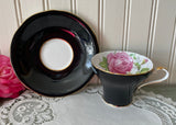Vintage Aynsley Cabbage Pink Rose Black Corset Teacup and Saucer