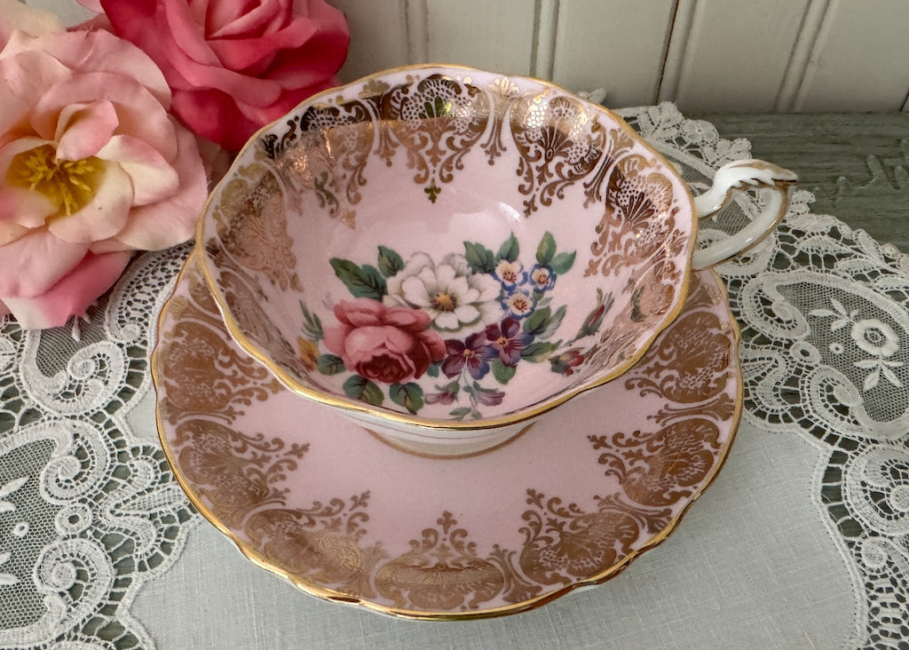 Vintage Paragon Pink Roses & Gold Damask Teacup and Saucer