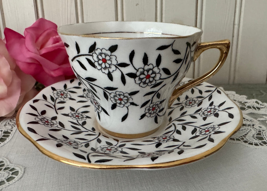 Vintage Black Floral Vine Teacup & Saucer Rosina Bone China England
