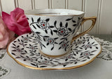 Vintage Black Floral Vine Teacup & Saucer Rosina Bone China England