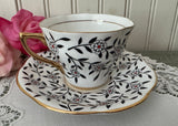 Vintage Black Floral Vine Teacup & Saucer Rosina Bone China England