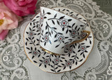 Vintage Black Floral Vine Teacup & Saucer Rosina Bone China England